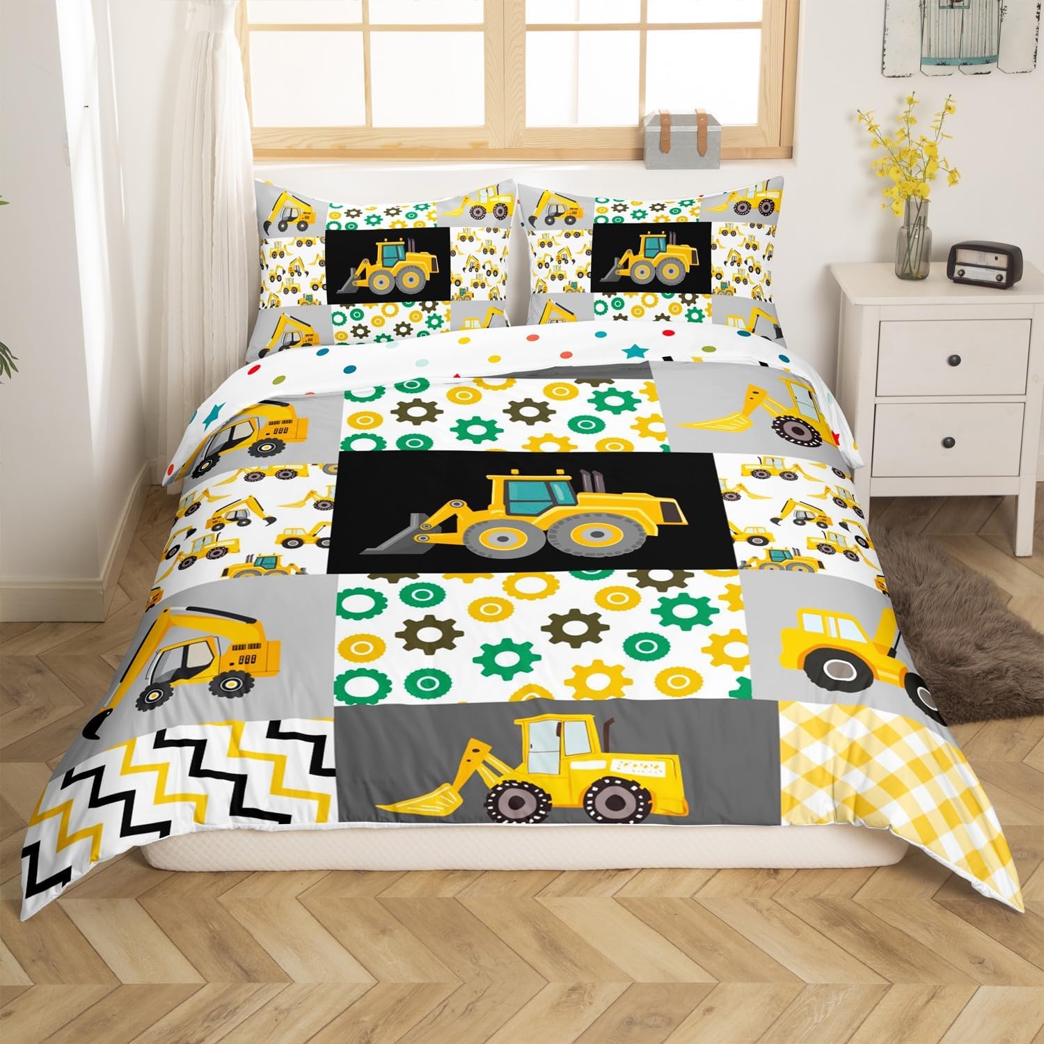 Toddler Cartoon Car Bedding Set Excavator Truck Duvet Cover Car Room Decor, Tractor Accessories Comforter Cover Geometric Grid Splicing Patchwork Bedspread Cover for Boys Teenagers, King