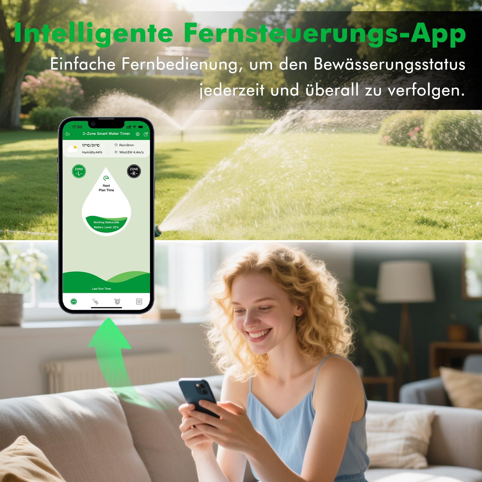 Ordenador de riego WiFi, Temporizador de Agua programable para riego de jardín, 3 Modos de riego, Apto para grifos Exteriores y Sistemas de riego de césped, 2 Zonas | 3 modos de riego, grifo exterior y césped, control de aplicación, 2 zonas