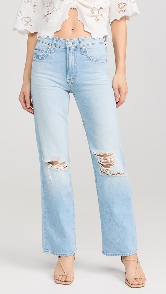 Mother Women's The Rambler Zip Flood Jeans, Ripped Off, Blue, 30