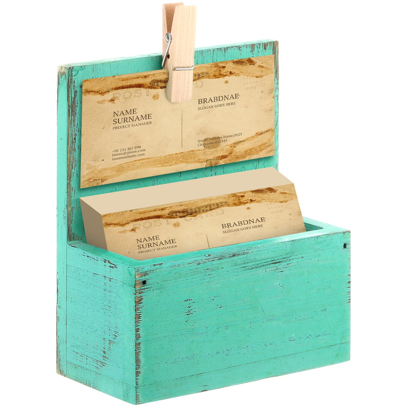 Wonderjune Wood Business Card Holder Vintage Wooden Open Card Stand Farmhouse Desktop Business Organizer Display Stand with Clip for Office Home