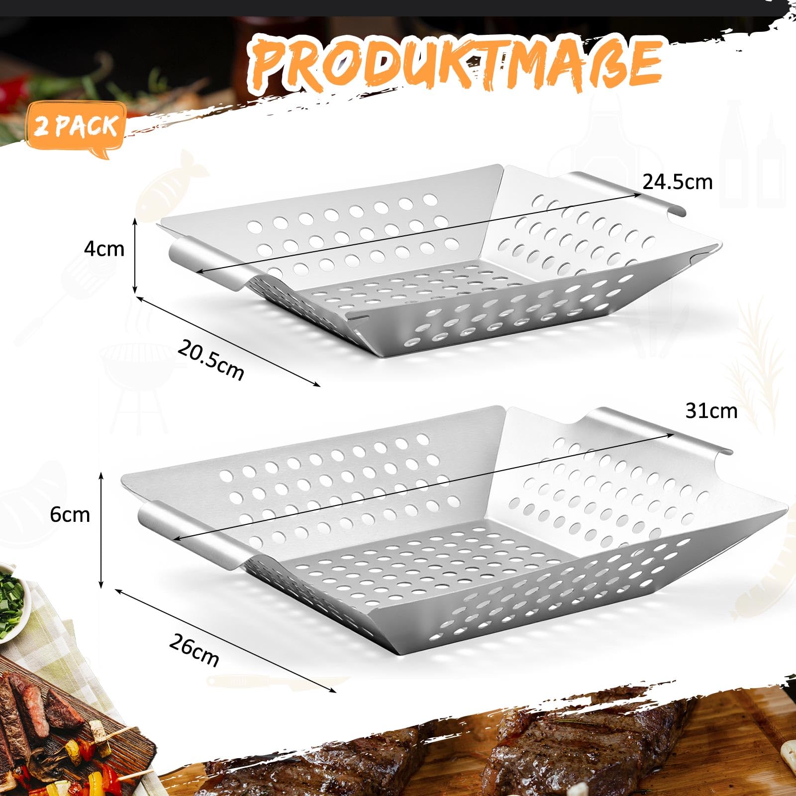 Geiserailie Grillkorb 2er-Pack M/L (20,5x24,5x4cm/ 31x26x6cm) Grillschale aus Edelstahl für Gemüse Fleisch Fisch Gas- Elektro- Holzkohlegrill Spülmaschinenfest Rostfrei