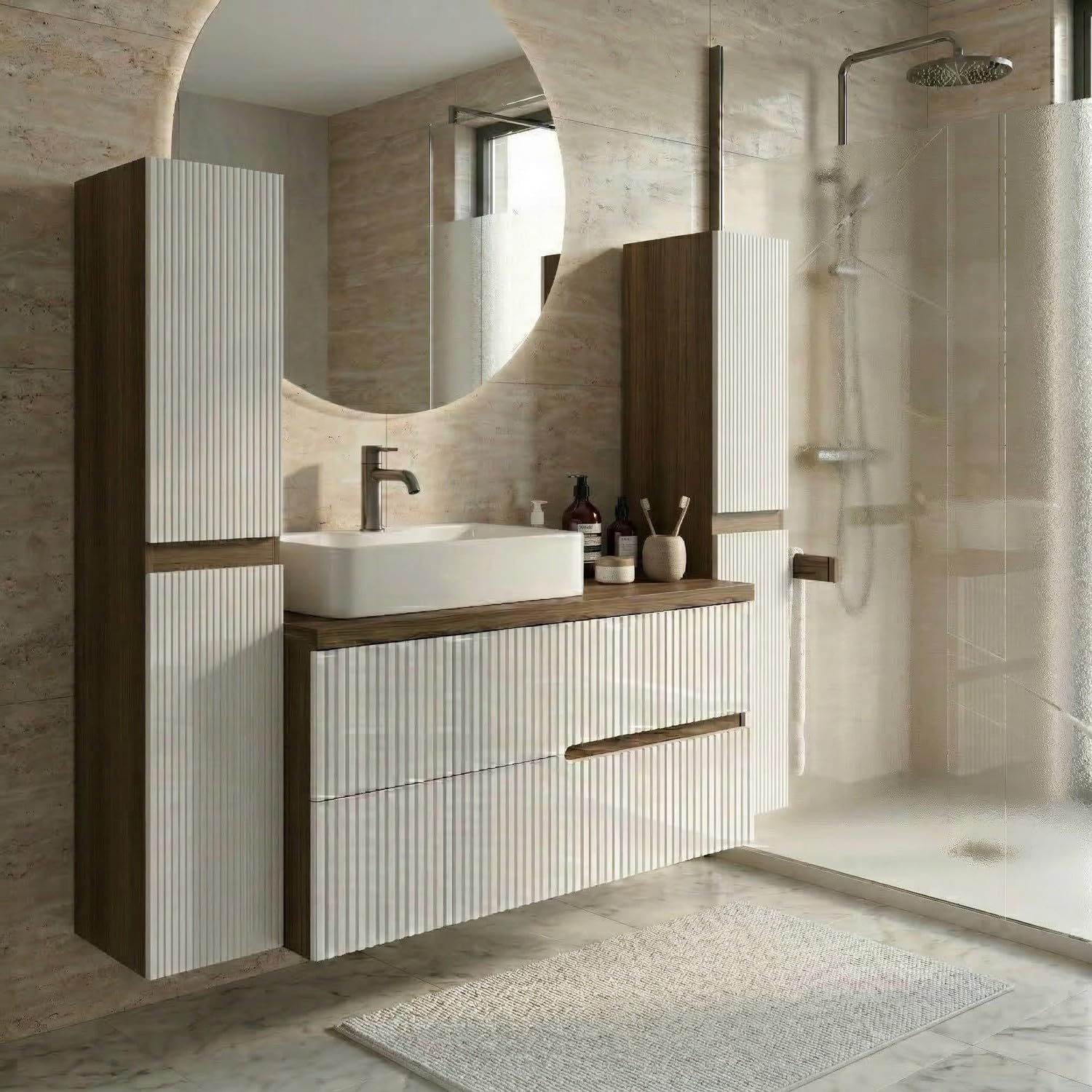 SANIVERRE EVA Meuble Vasque à Poser Suspendu L.100 cm Chêne Moka 2 Tiroirs Blanc Brillant Cannelé (sans Colonne) Salle de Bain