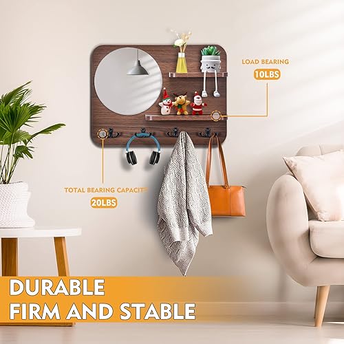 Miniatura 4 de Perchero rústico de madera para colgar en la pared, con espejo y 4 ganchos dobles, estante decorativo con gancho de entrada para pasillo, sala de