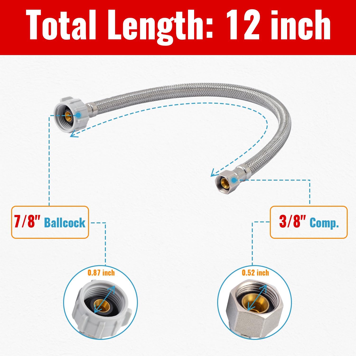SUNGATOR 12'' Toilet Water Supply Line, 7/8" Ballcock x 3/8" Compression Toilet Hose Connector, 12 Inch Braided Stainless Steel Water Supply Line with 1 Wrench and Sealing Tape (1 Pack)
