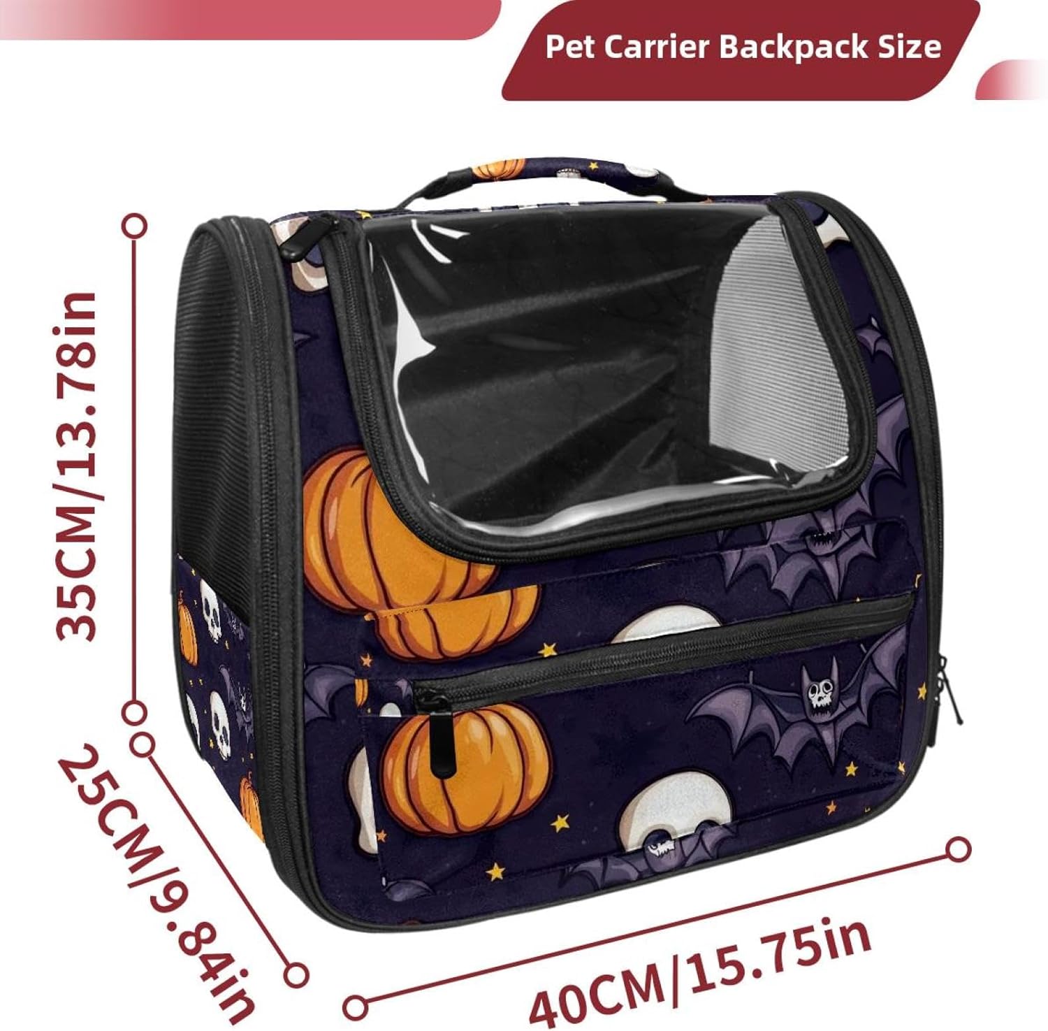 Portable Travel pet Backpack Carrier Hamster Bag Small Dog cat Carrier Breathable Hang Bag, Halloween Skulls Pumpkins Bats