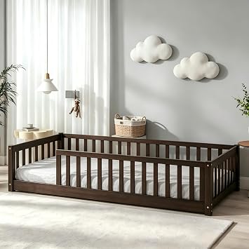 PVWIIK Twin Size Toddler Bed with Safety Guardrails,Espresso