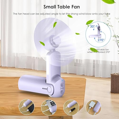 Miniatura 4 de Mini ventilador de mano portátil 4 en 1, ventilador de viaje plegable personal, pequeño ventilador de mano para pestañas faciales, recargable por