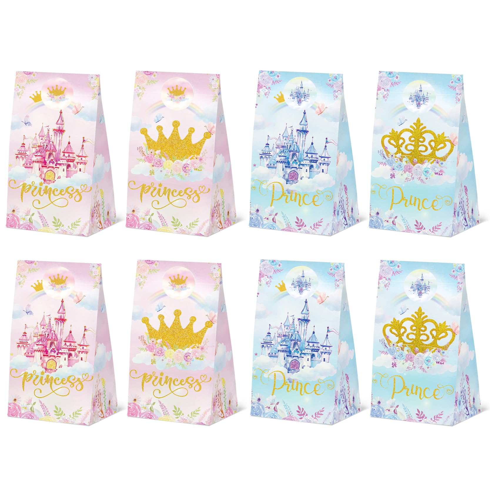 24 Pcs Princess Prince Party Gift Bags with Stickers,Castle Themed Birthday Party Favor Bags for Princess Prince Party,Gender Reveal & Wedding Decorations Supplies