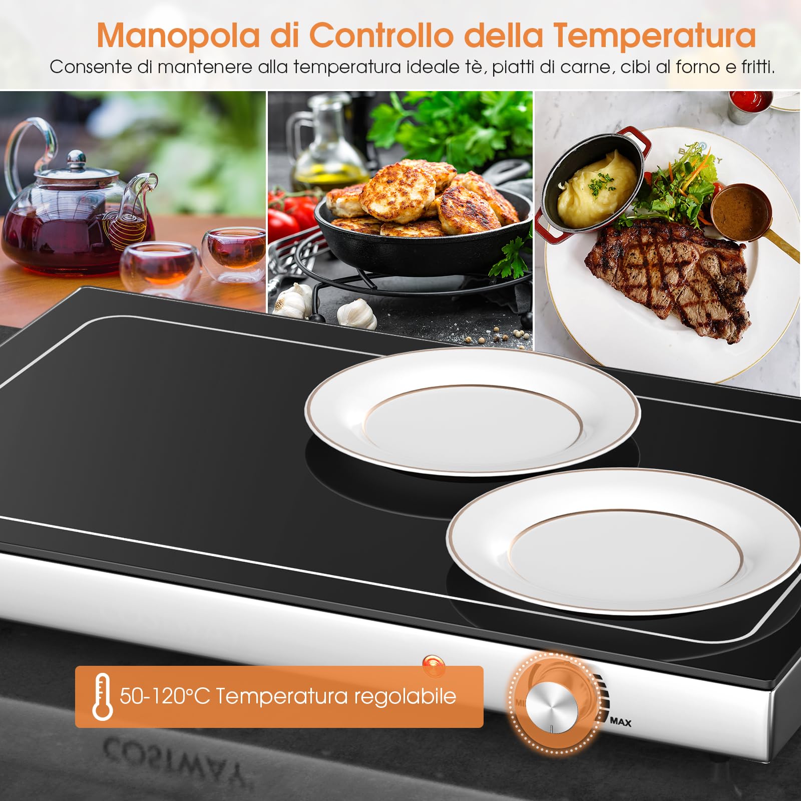 GYMAX Vassoio Scaldavivande Elettrico, Scaldavivande con Temperatura Regolabile in Acciaio Inox, Scaldavivande per Buffet con Superficie in Vetro e Maniglie Fredde, 56 x 36 cm