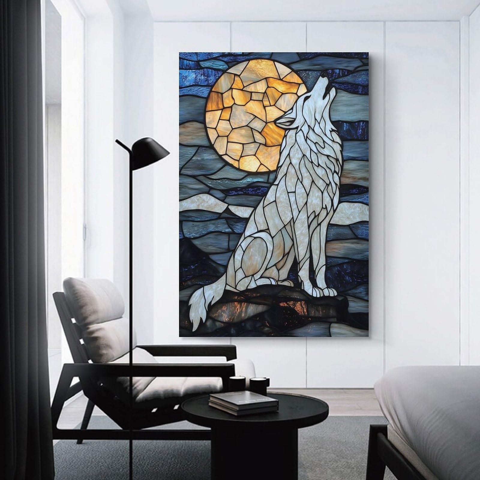 Junmoney Stained Glass Wolf Howling Home Decor Wall Art 12x18inch(30x45cm), for Hallway, Bedroom Or Modern Interiors, Canvas Artwork with Gifting Potential