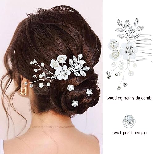 Miniatura 4 de Cinaci 18 piezas de peines laterales de flores blancas con diamantes de imitación y perlas para novias, damas de honor, mujeres y niñas