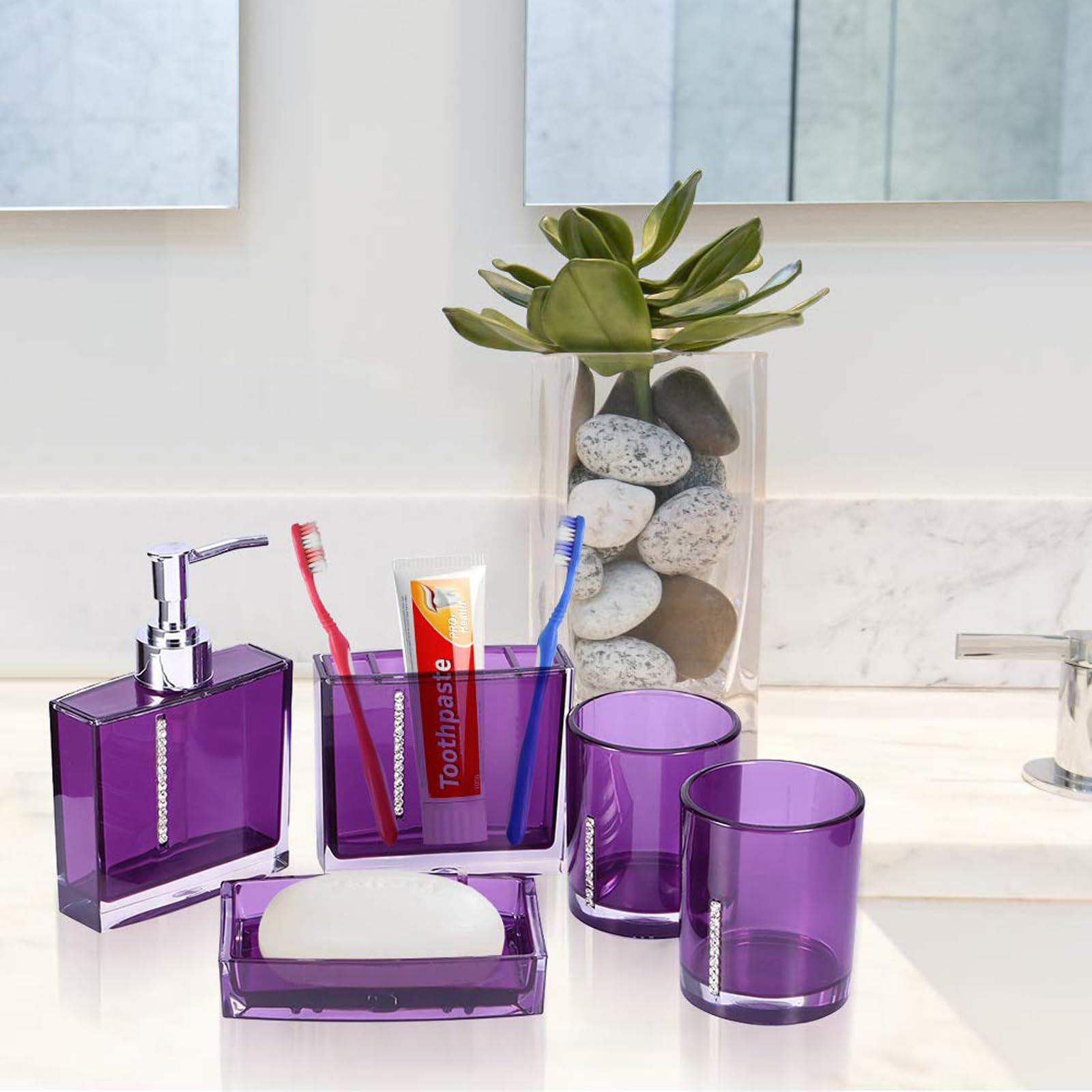 Juego de 5 unidades de tocador de baño de acrílico con soporte para cepillos de dientes de cristal, juego de dispensador de jabón, vaso, recipiente de loción líquida, juego de soporte para cepillo de