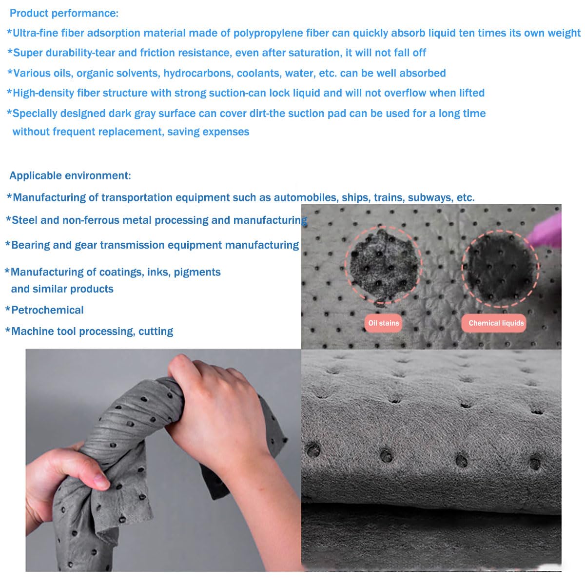 Tapis absorbants pour huile et eau, Tampons absorbants d'huile en polypropylène gris paquet de 100 tailles multiples(5 Pieces,40cmx50mx4mm)