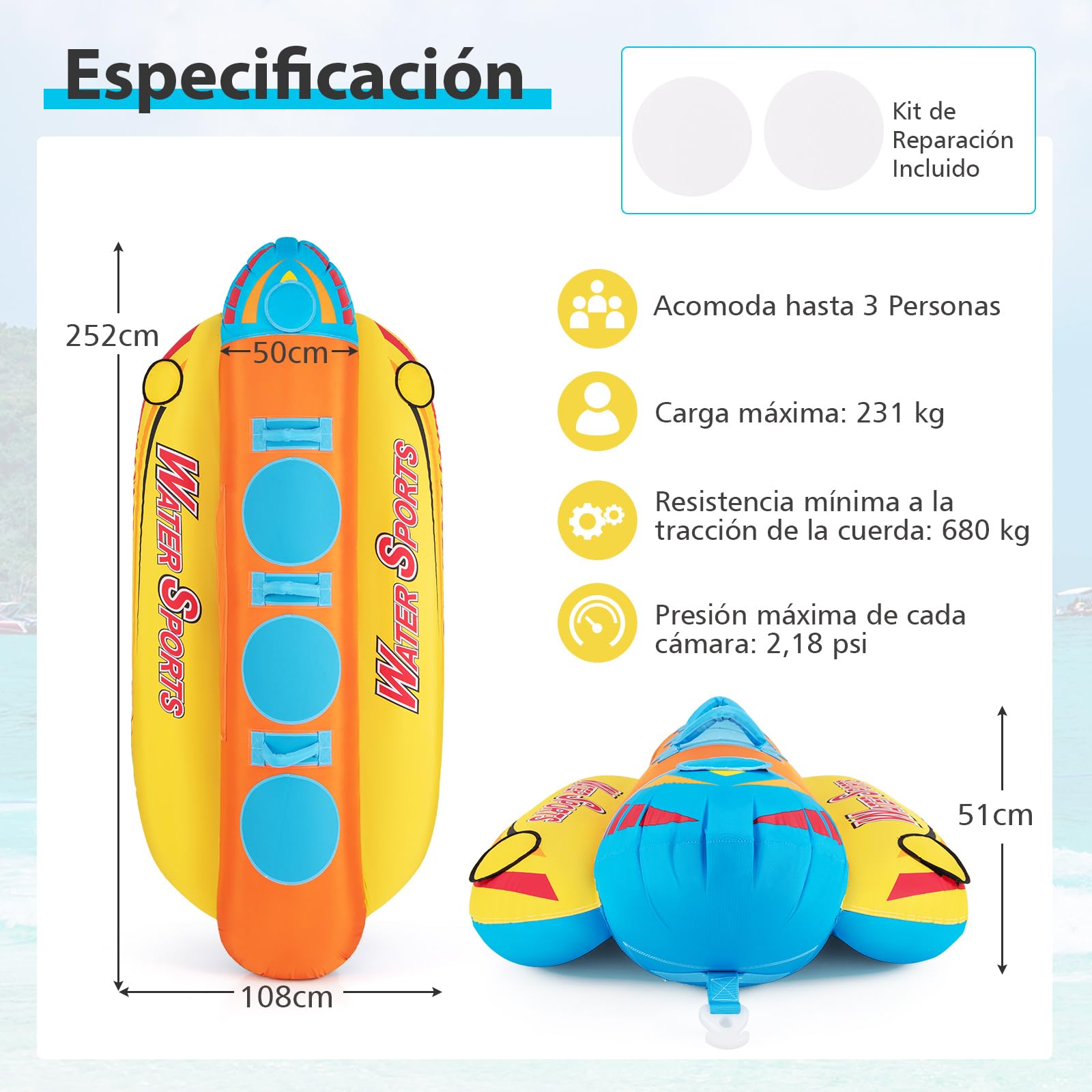 GOPLUS Tubo Remolcable, Bote Banana Inflable para 1-3 Pasajeros con Cubierta de Nailon, Almohadillas de EVA, Kit de Reparación y Conector, Deportes Acuáticos Playa, Carga 231 Kg