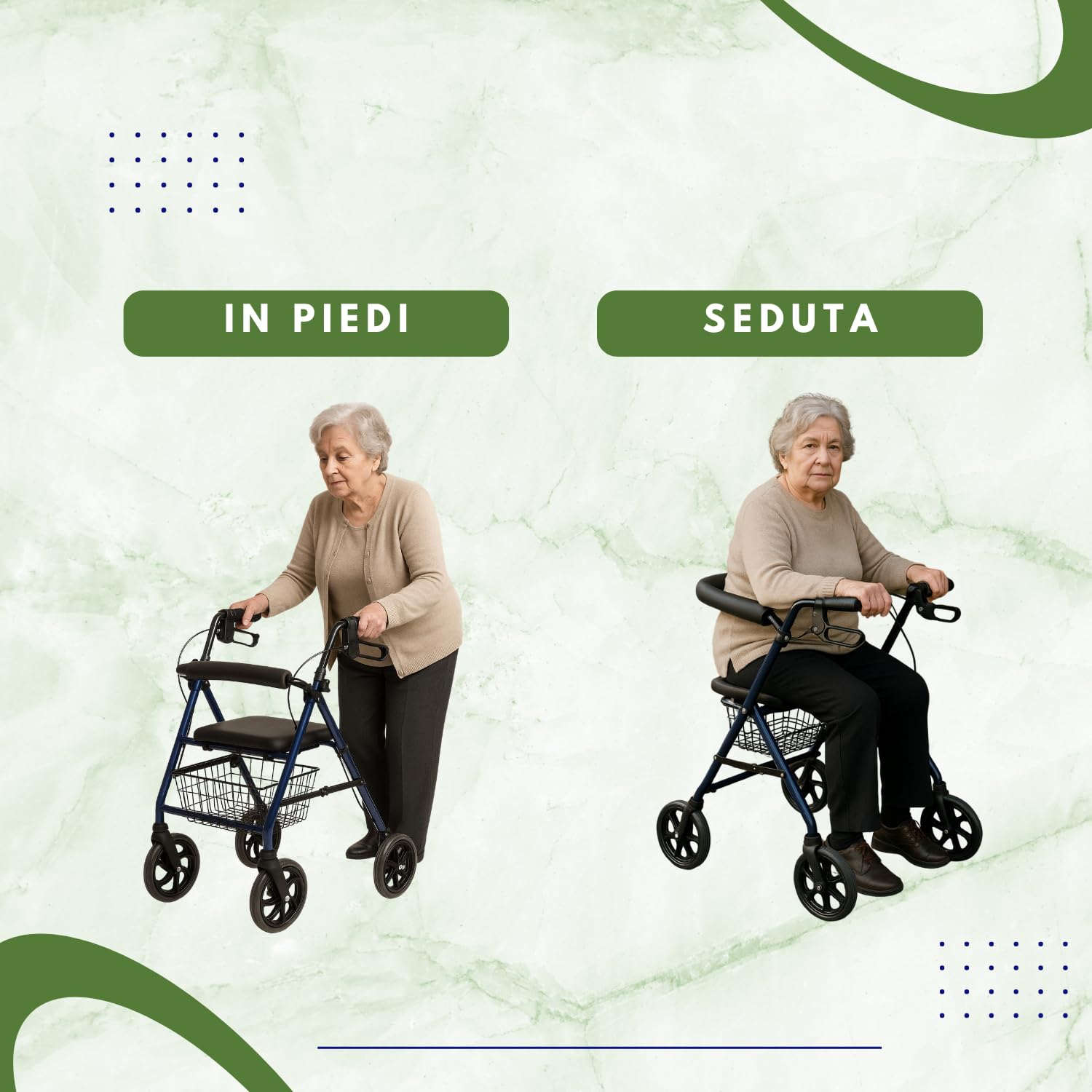 TERMIGEA RO10 - Deambulatore per Anziani con Seduta Pieghevole, Carrello per Anziani per Camminare in Acciaio (Portata 130KG) Sedile e Schienale Imbottito, Freni di Stazionamento, Altezza Regolabile