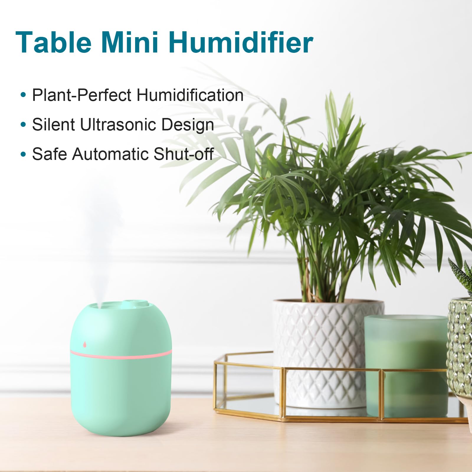 Piccolo umidificatore portatile, USB, umidificatore personale da scrivania per auto, ufficio, camera da letto, spegnimento automatico, 2 modalità di nebbia, super silenzioso (220 ml, verde)