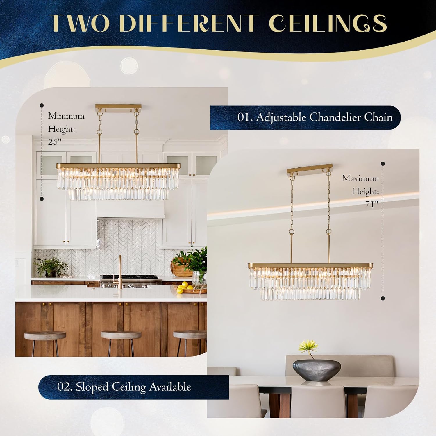 Rectangular Crystal Chandeliers K9 Luxury Gold Chandelier L33.5” Rectangle Linear Pendant Light Fixtures 11 Lights Contemporary for Kitchen Island Dining Room Living Room Bar