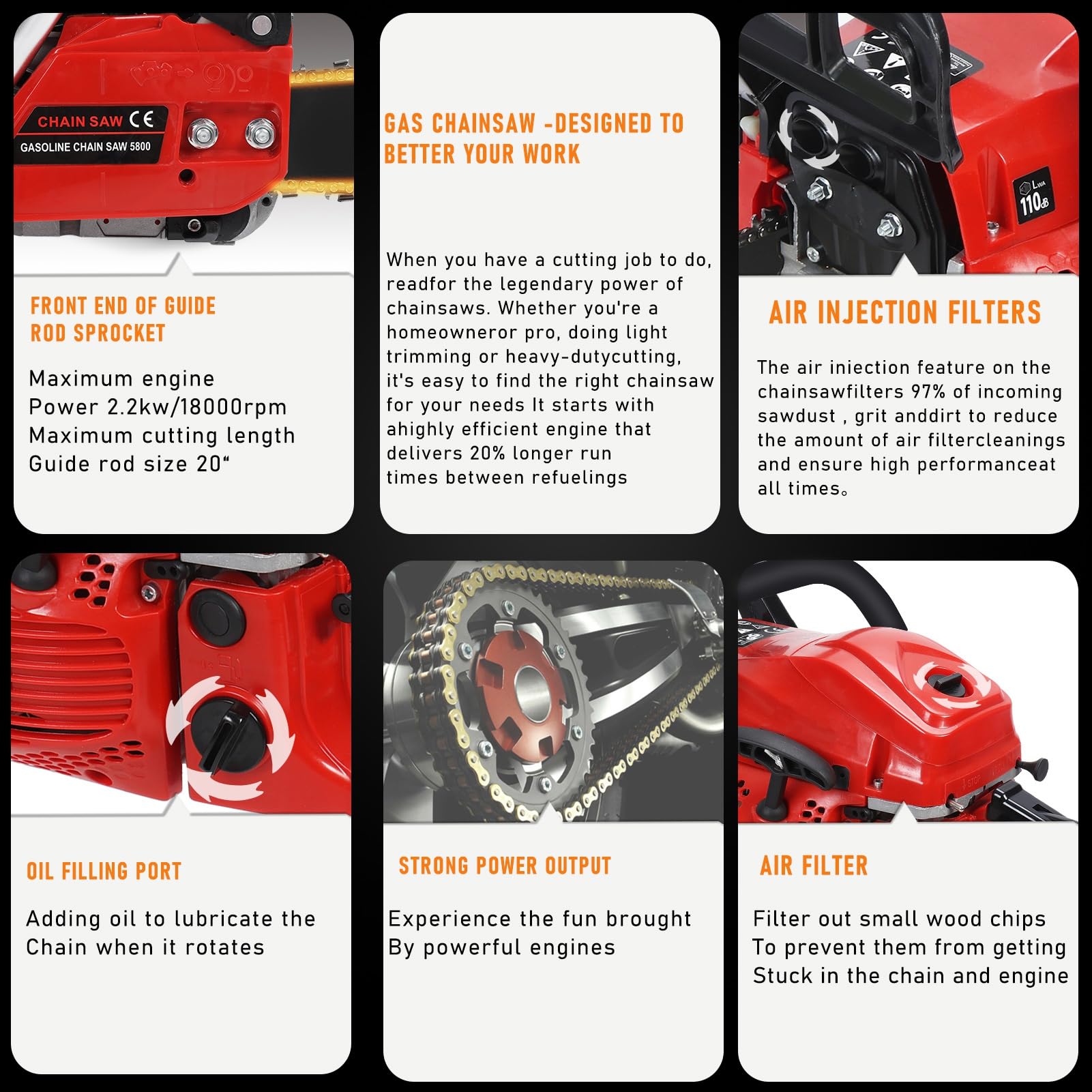 Motosierra de gas de 2 tiempos de 58 cc, motosierra profesional de 20 pulgadas, motosierras de gasolina inalámbricas de mano para cortar madera al aire libre, hogar, granja, jardín, color rojo