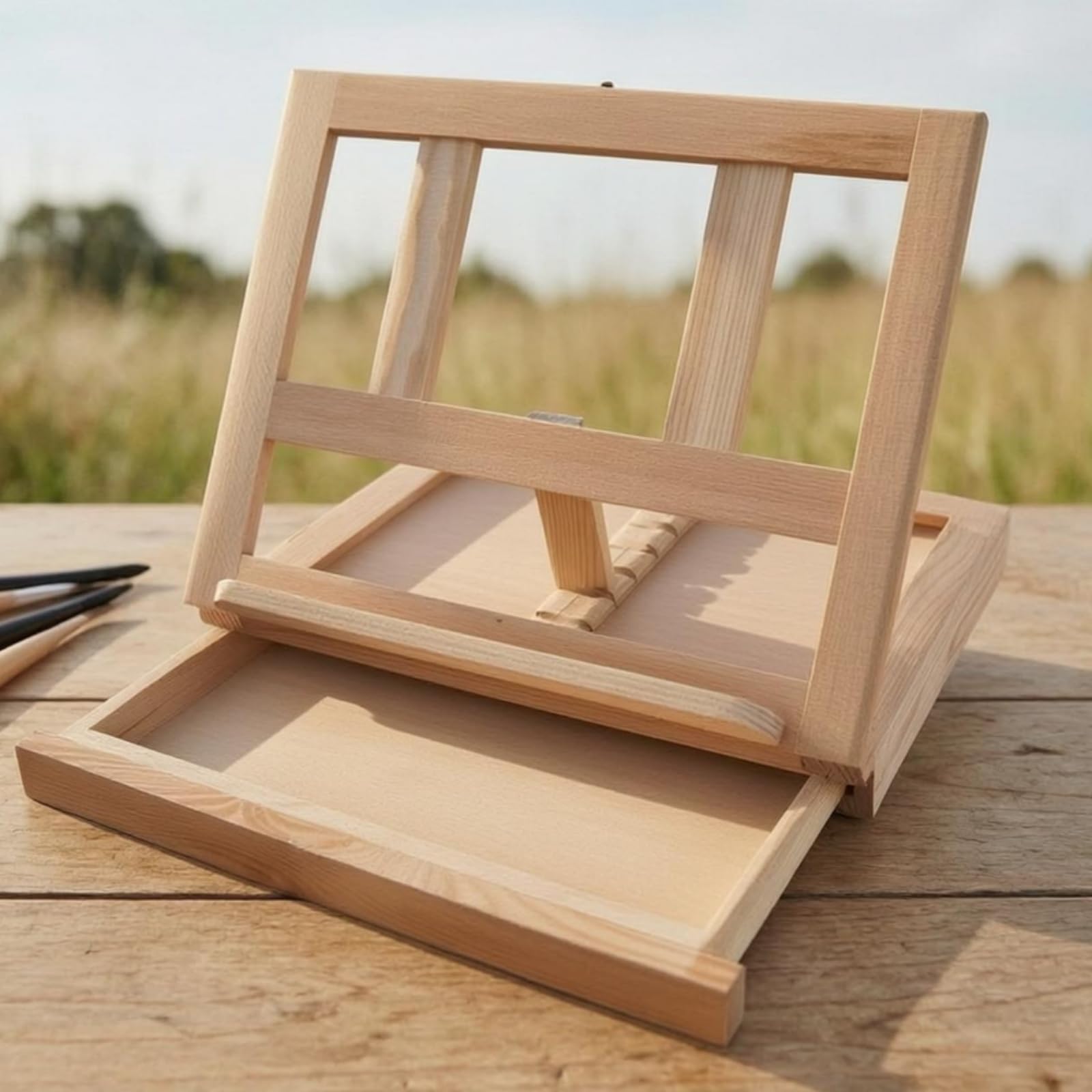 Scatola Cavalletto in Legno Compatto, Cassetta Da Pittura Portatile In Legno Massello, Modello Aperto, Con Cavalletto Da Tavolo E Cassetto Circa 33,3 × 27,7 × 26 Cm