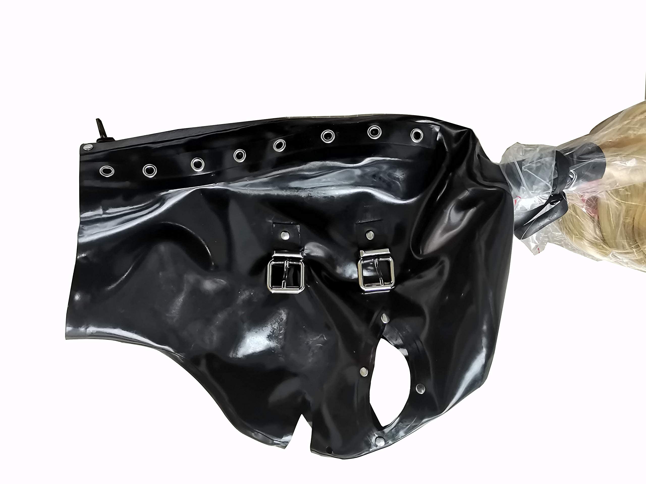 MFMYEE Masque bondage en latex avec perruque et masque pour les yeux, masque SM pour cosplay, coiffe pour Halloween