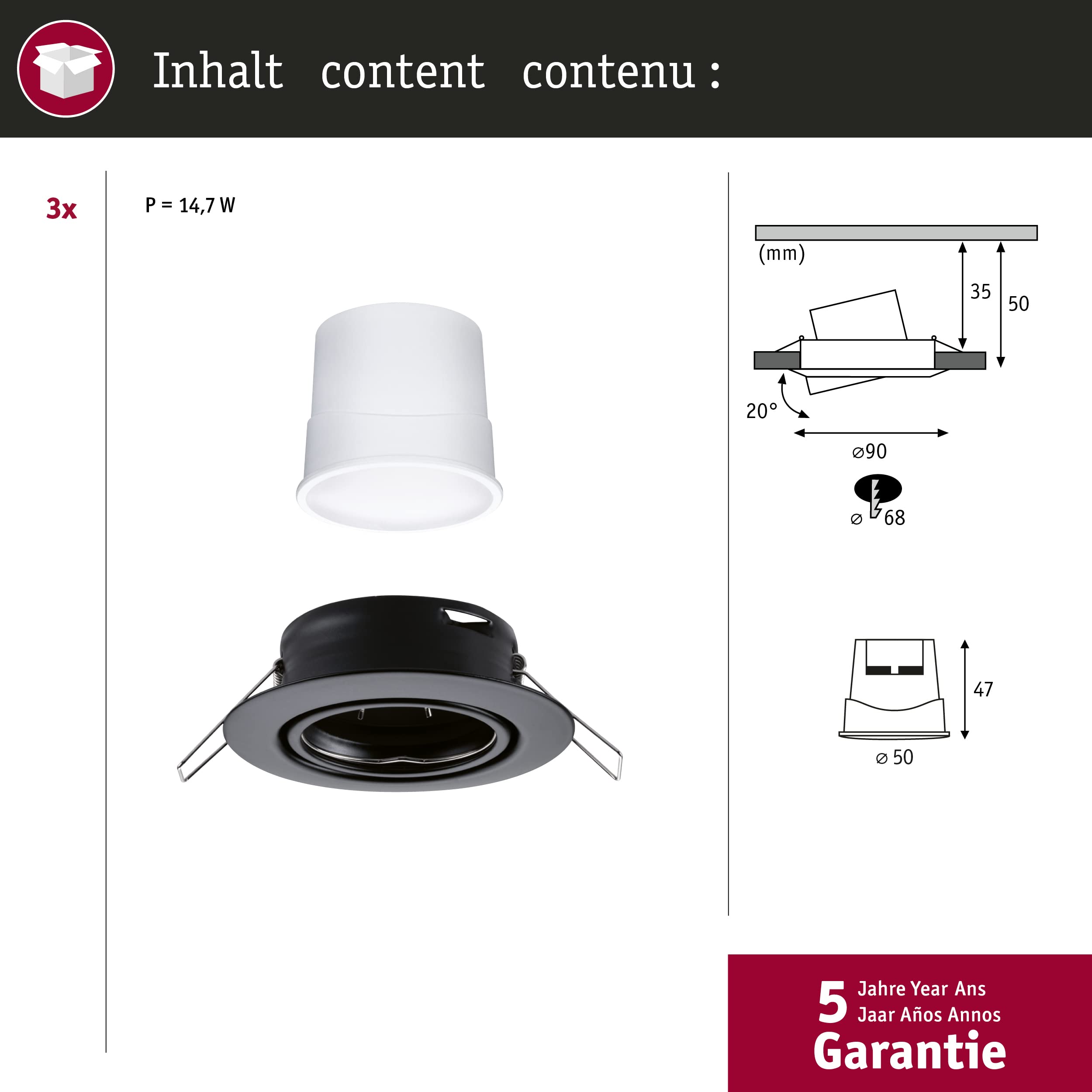 Paulmann 92468 Luminaria empotrable LED Base Smart Home Zigbee juego básico, giratoria, redonda 230V 3x4,9W 3x420lm regul. 90mm negro mate metal RGBW+
