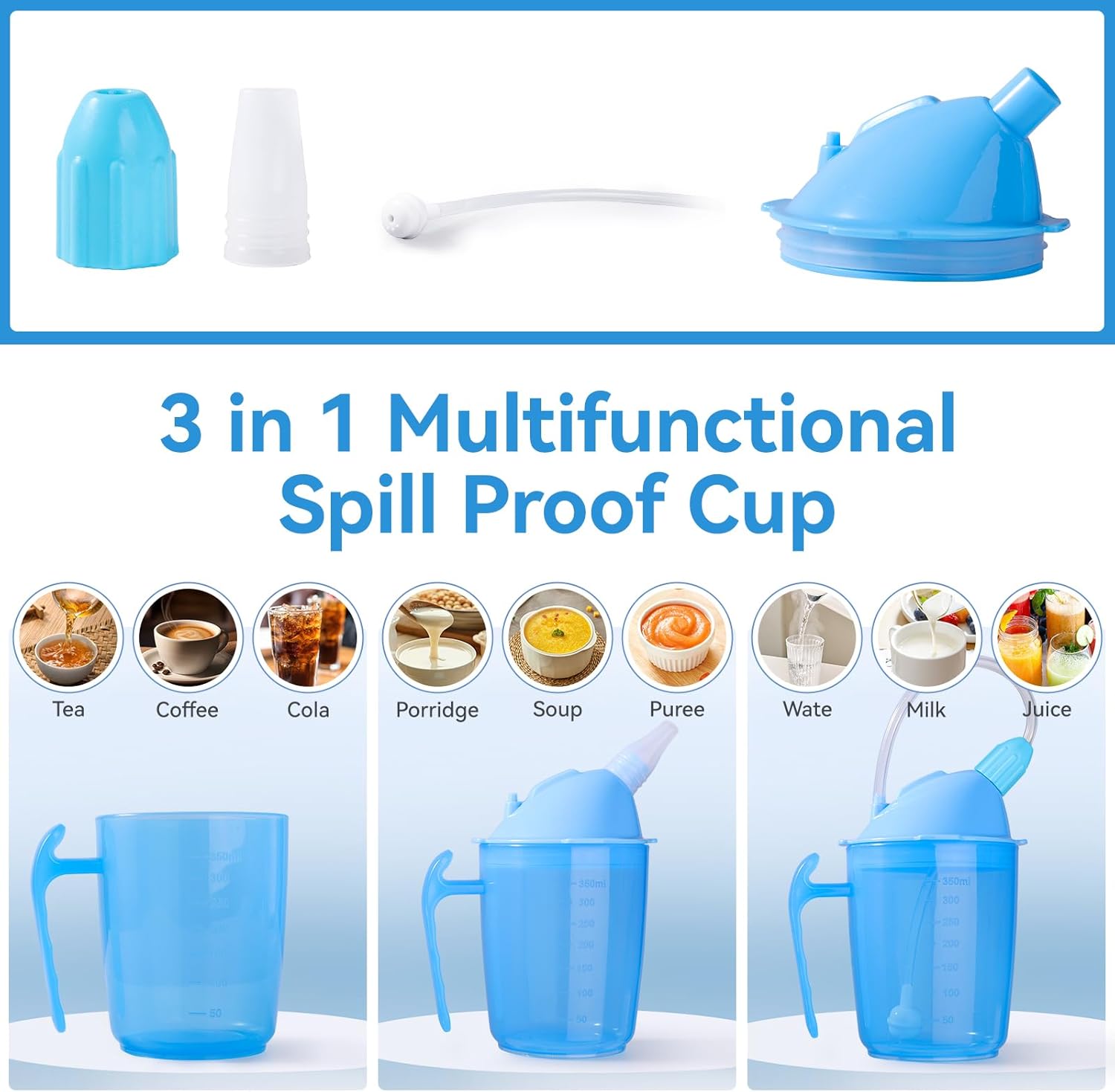 Adult Sippy Cup for Elderly Spill Proof, 3 In 1 No Spill Plastic Elderly Care Cup with Lids And Long Straws, 12oz Hospital Dysphagia Cup for Hospital Patients, Pregnant, Disabled (Blue) - Image 2