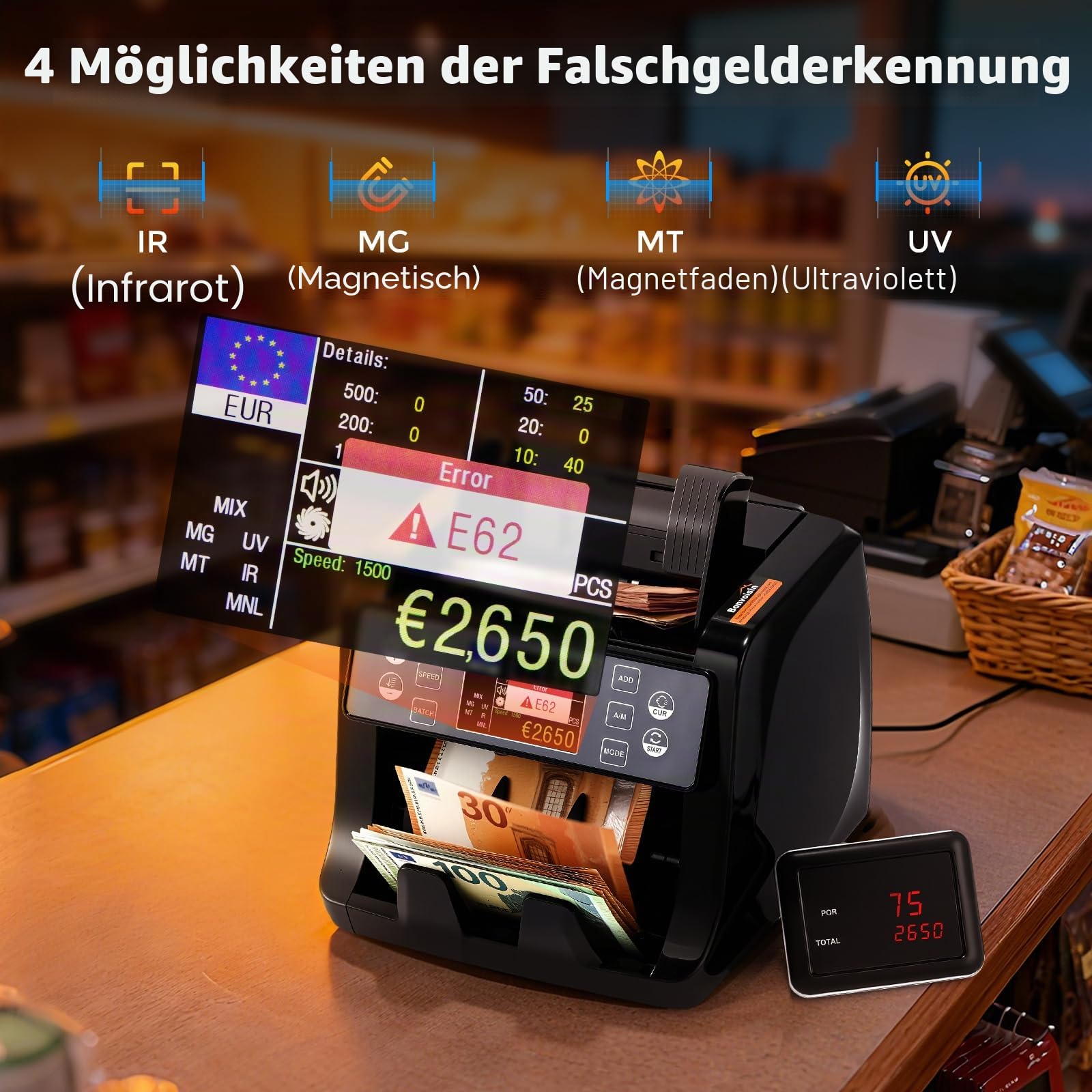 Bonvoisin Geldzählmaschine Scheine, Wertzählung für gemischte EUR-Banknoten