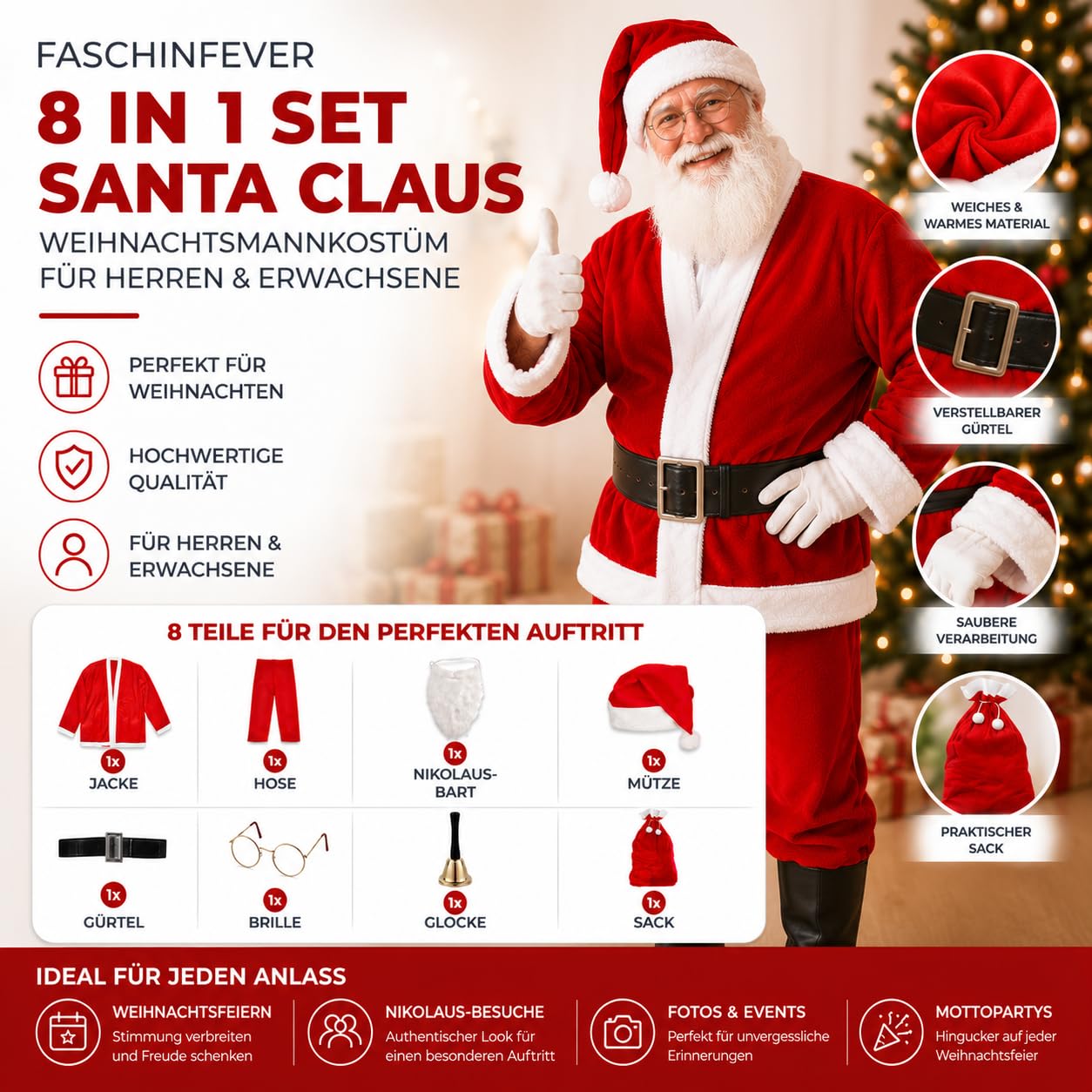 8 in 1 Set Weihnachtsmannkostüm & Nikolauskostüm - Santa Costume - für Weihnachten - Kostüm für Nikolaus - Weihnachtsmann - Santa Claus - Herren & Erwachsene