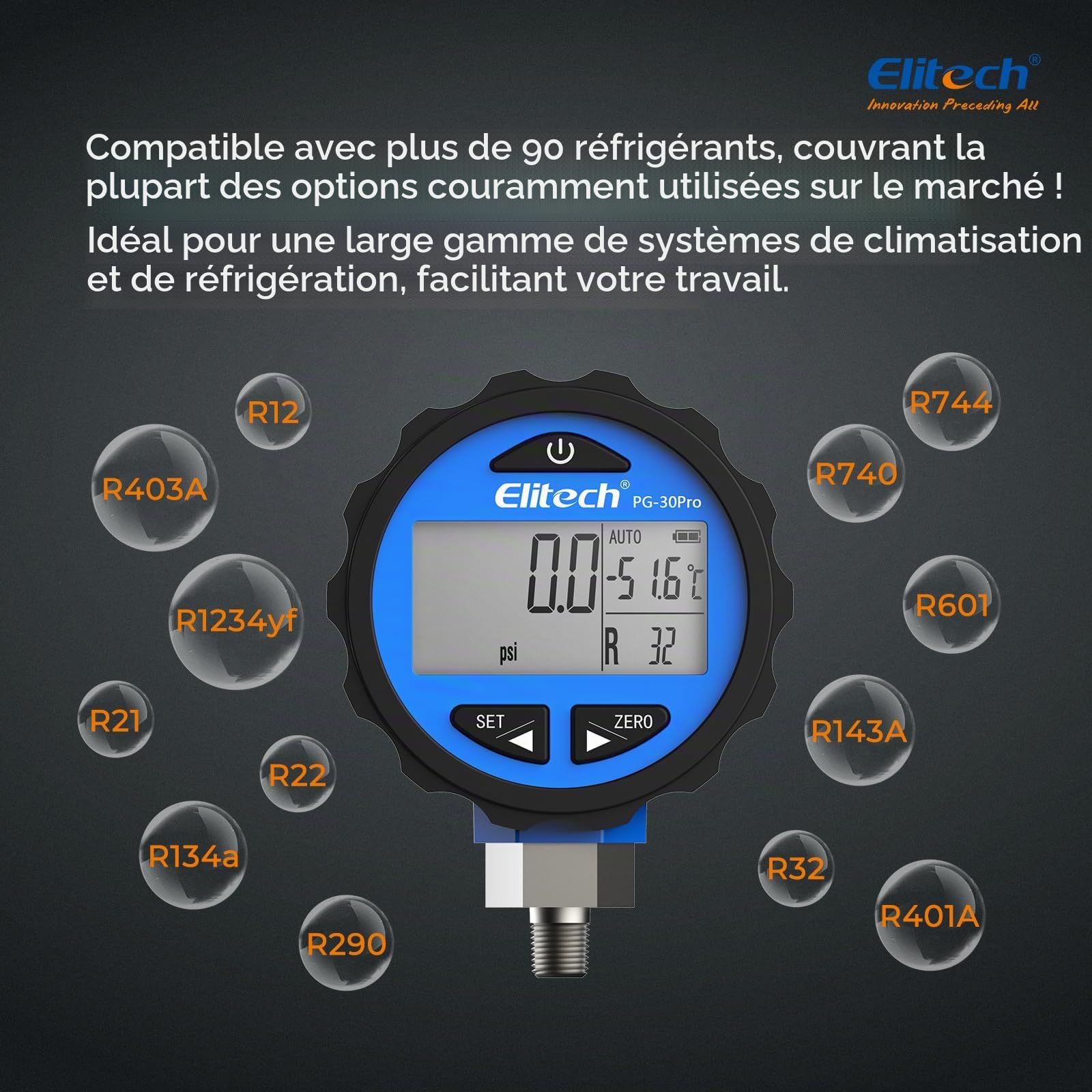 Elitech PG-30Pro Manomètre Numérique Réfrigérant avec Rétroéclairage, Manifold Gauge Pour 87+ Réfrigérants 0-500 PSI 1/8 NPT