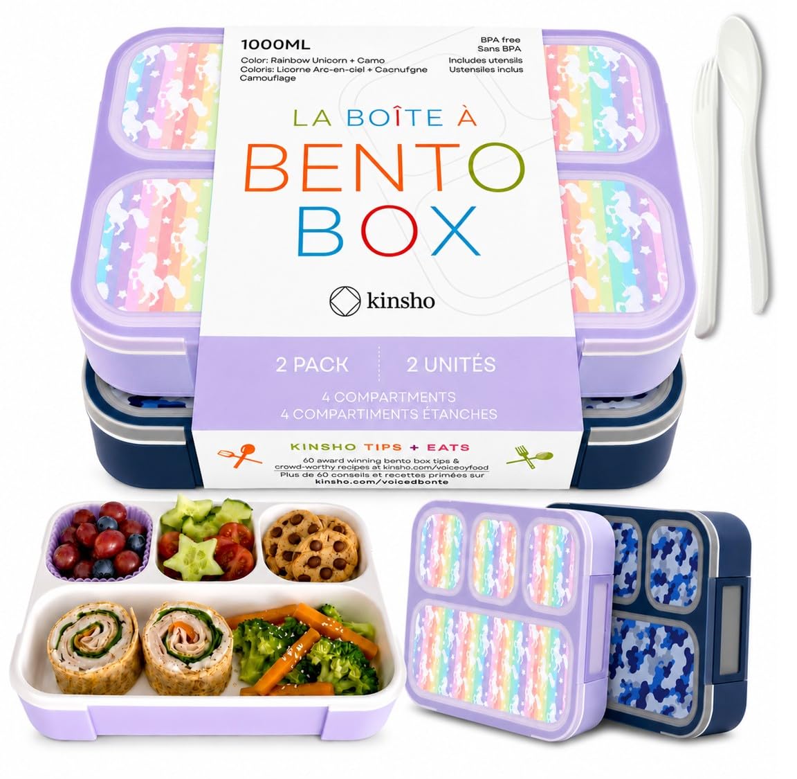 kinsho Bento Lunch Boxes for Kids, Meal and Snack Containers for Boys Girls for School, 4 Compartments, Utensils, BPA Free (Purple Rainbow Unicorn + Blue Camo, 2 Pack Set)