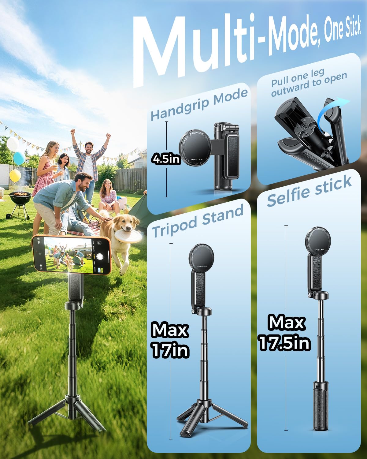 17 Zoll Handy Stativ Selfie Stick, 4,5 Zoll Taschenformat Bluetooth | 4-in-1 Design, Kabellose Fernbedienung, 360° drehbar, Kompatibel mit MagSafe, Abnehmbare Klemme, Für iPhone Android