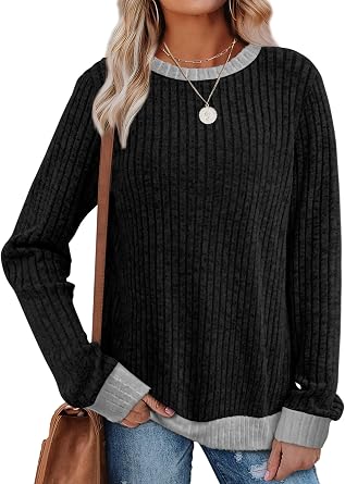 Sampeel Womens Tops Long Sleeve Shirts Lightweight Sweaters Loose Fit Crewneck Color Block Fall Fashion Outfits