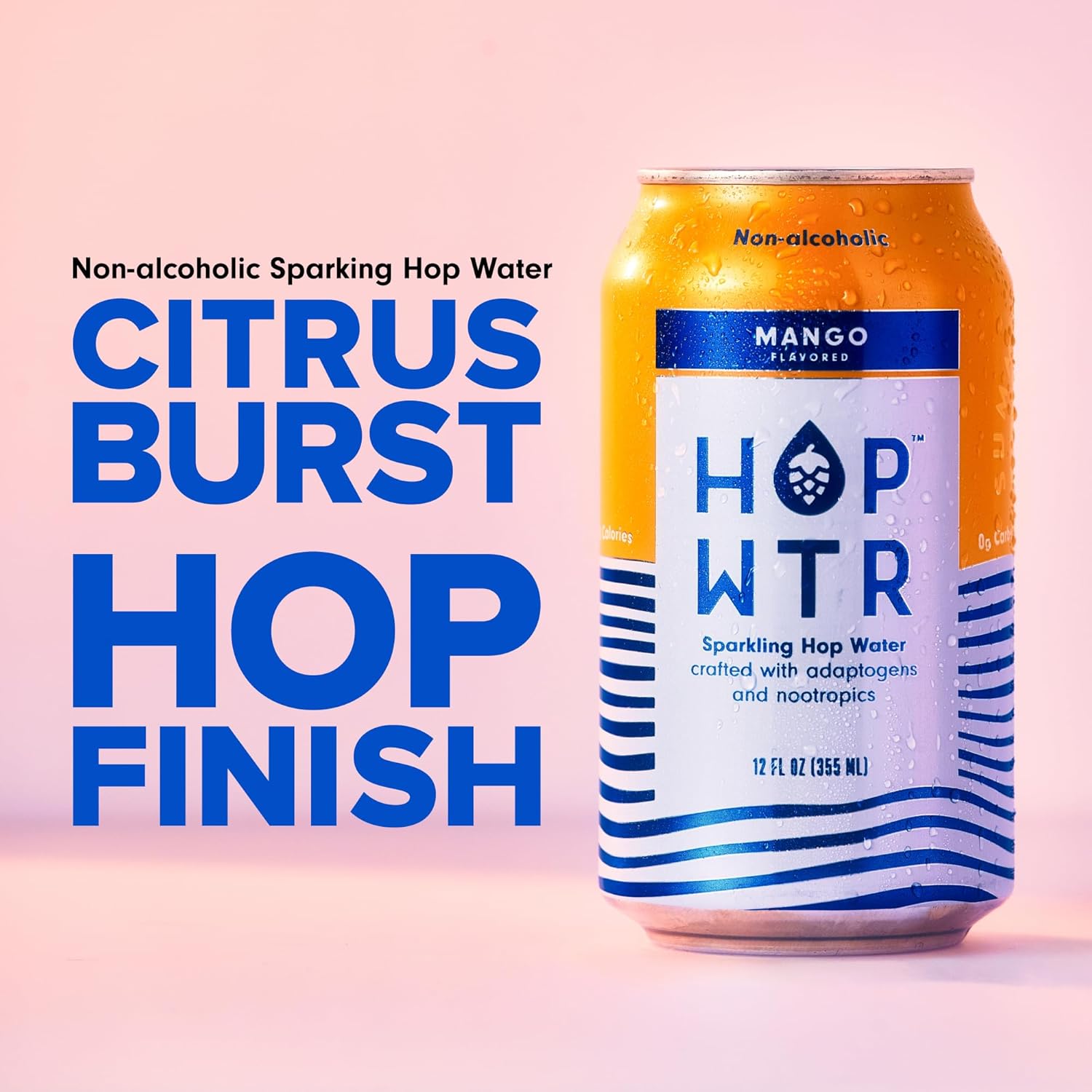 HOP WTR Sparkling Hop Water, Mango 12 Pack, Sugar Free, Low Carb Non Alcoholic Drinks, NA Beer, Adaptogen Drink, No Calories, Adaptogens & Nootropics for Added Benefits, 12 oz Cans