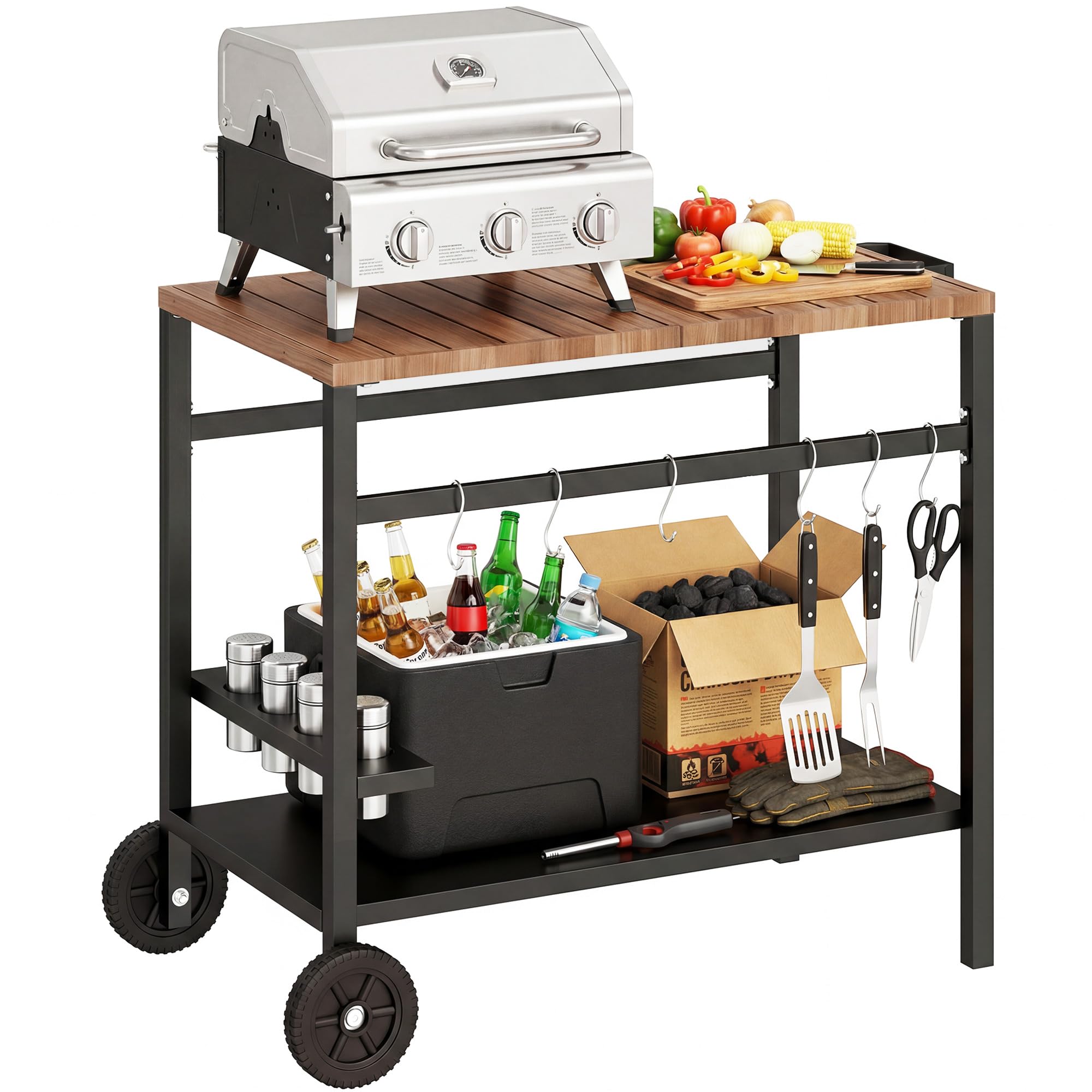 Outsunny Carrito de Barbacoa de 2 Niveles Mesa Auxiliar para Barbacoa Móvil con Ruedas Portabebidas Ganchos Asa Encimera Imitación Madera Mesa de Horno de Pizza para Exterior Negro y Marrón