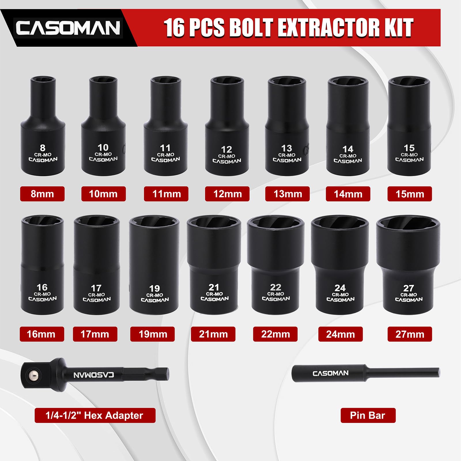 CASOMAN Set di 16 chiavi a bussola per dadi e bulloni a percussione da 1/2", include adattatore per gambo esagonale e barra a perno, per rimuovere elementi di fissaggio arrotondati danneggiati
