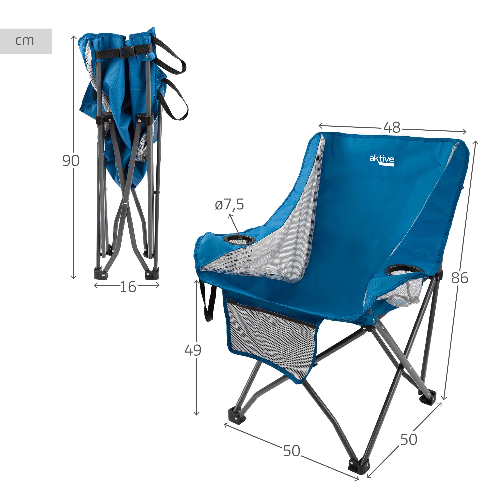 Aktive 63027 - Sedia da campeggio pieghevole antiribaltamento con griglia di ventilazione, portabicchieri e tasca, dimensioni 48x50x86cm, stabile e portatile, accessori da campeggio, sedie pieghevoli