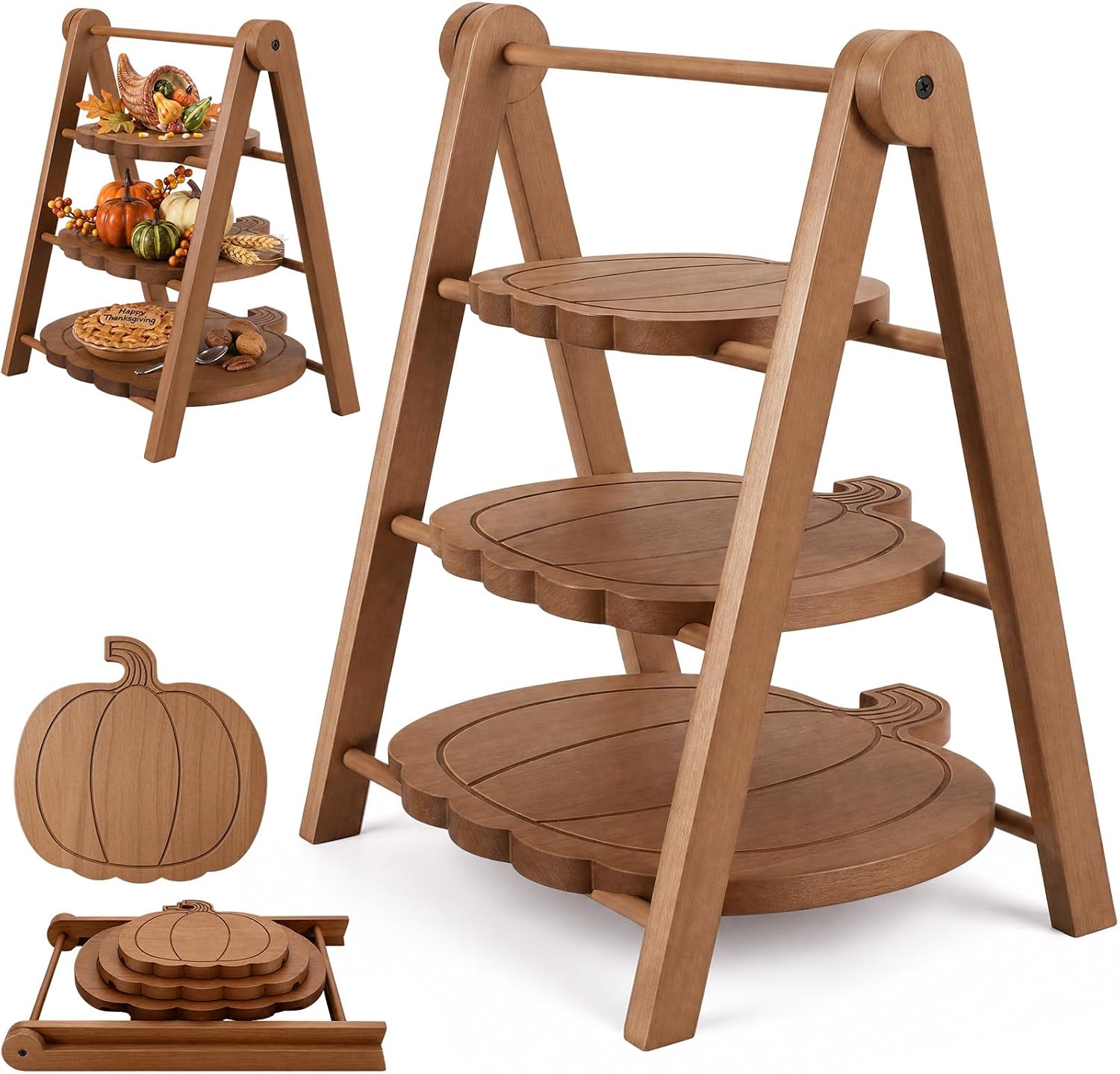 Marsui 3 Tier Pumpkin Serving Trays Wooden Shaped Pumpkin Platters 12'' 10'' 8'' Charcuterie Plate Board Reusable Party Serving Plate for Halloween Fall Party Decoration