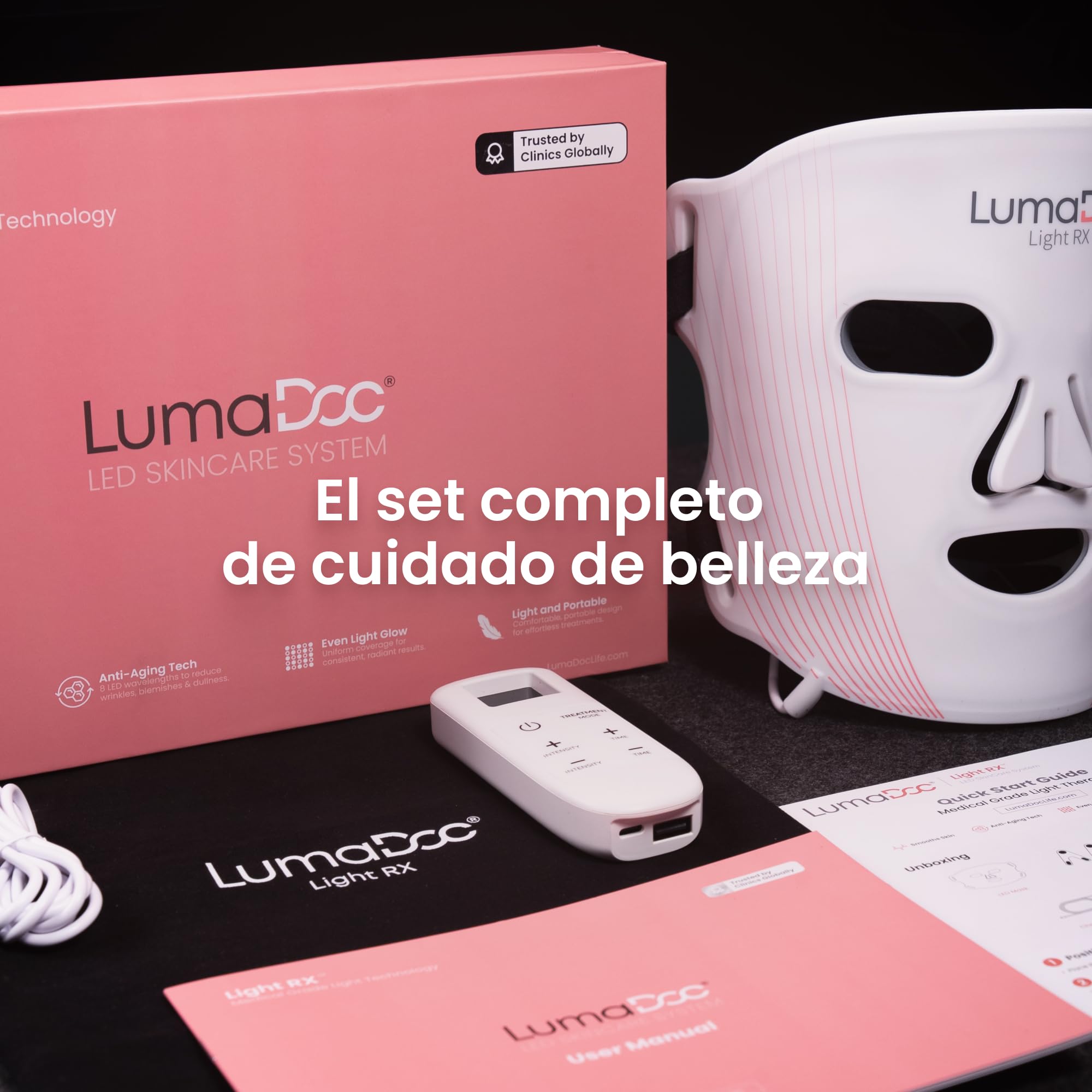 Máscara Facial de Terapia de Luz LED, Light RX, 96 Potentes LED Avanzados, Recargable, 4 Modos, 3 Longitudes de Onda Optimizadas, Rojo, Infrarrojo Cercano NIR, Azul