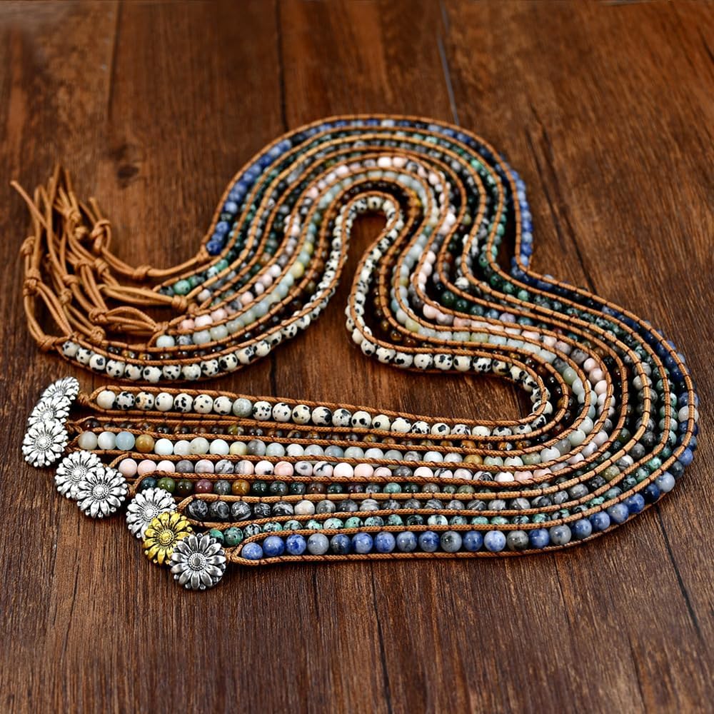 Boho Stone Beads Wrap Bracelet for Women Men Natural Crystal Beaded Wrap Bracelet Adjustable Bohemian Handmade Bracelet Jewelry Gifts - Image 4