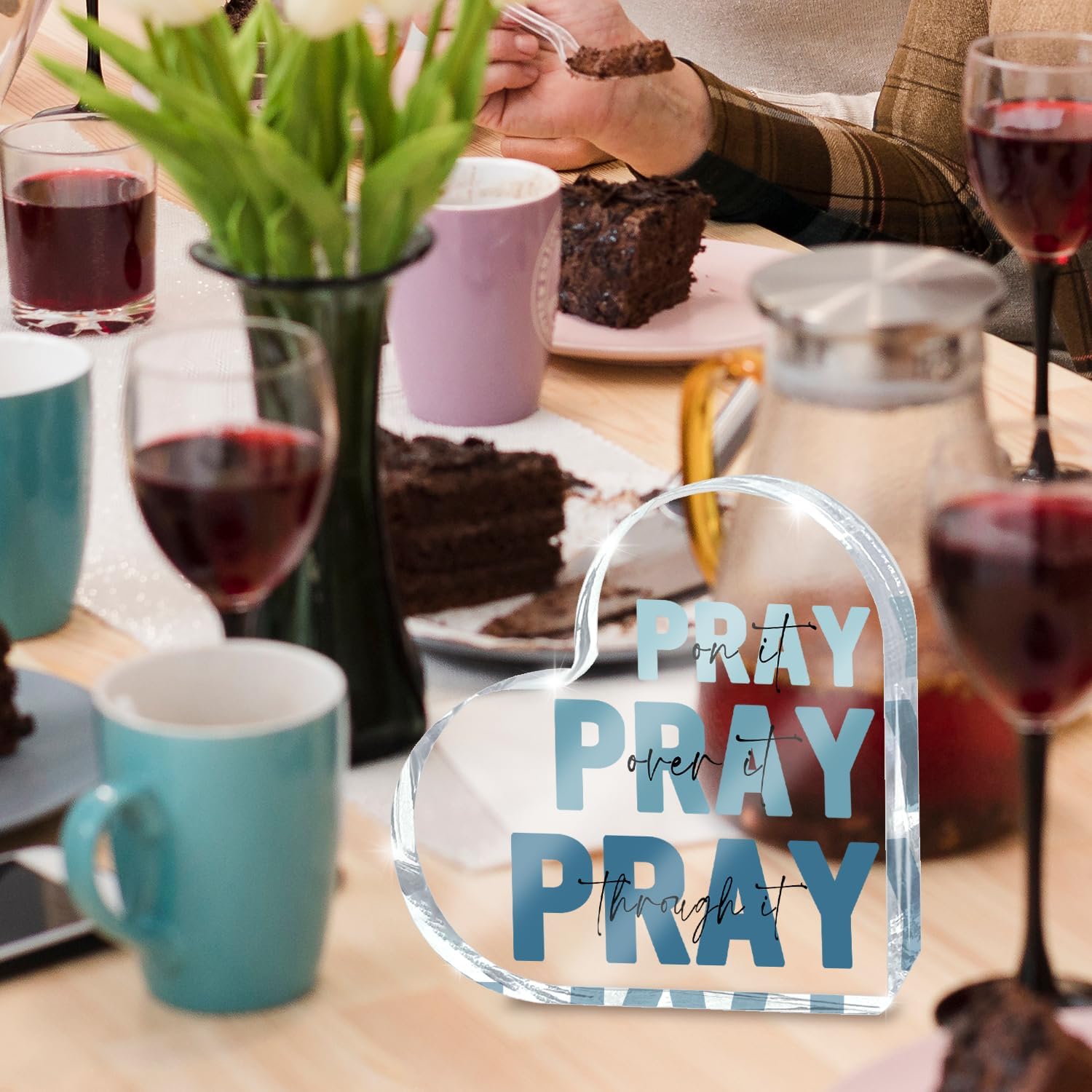 Religious Plaques Christian Woman Decor Gifts, Blue Prayer Room Decor, Pray On It Pray Over It Acrylic Sign Decorative for Home Pastor Farmhouse Living Room Church Table Desk Bookshelf image 3