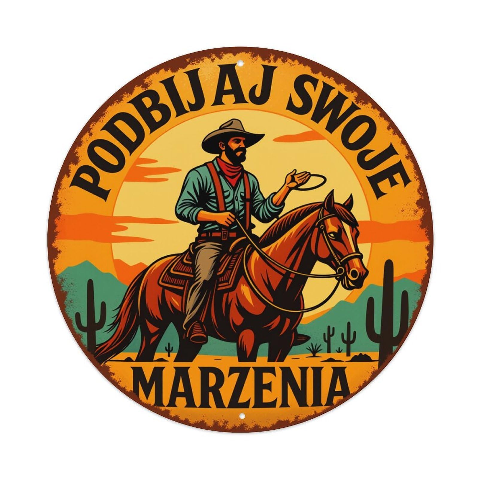 Cowboy Riding Horse Sunset Cactus Round Tin Sign Vintage Style Metal Sign Home Bar Garden Wall Plaque Decor Metal Poster 8x8 Inch