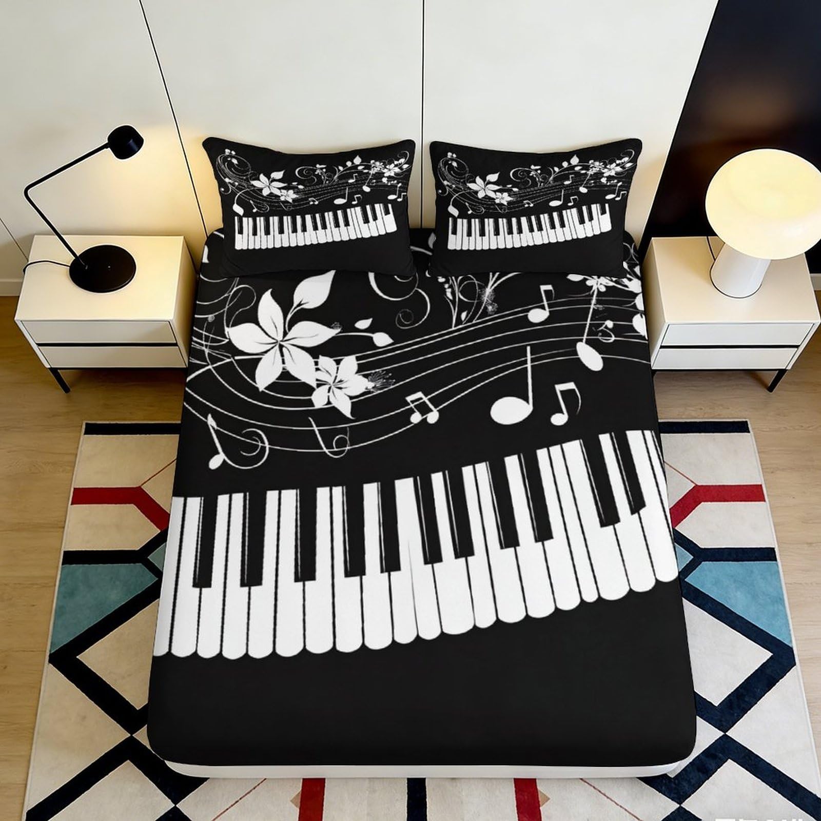 3D Printed Piano Keys Music Notes Fitted Sheet Microfiber Black White Mattress Cover for Bedroom Guest Room Dorm Decoration 200x200x25cm