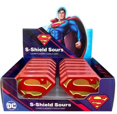 Superman S-Shield Sours Candy - Paquete de 12 latas de dulces coleccionables con logotipo de Superman S con exhibición, caramelo con sabor a cereza