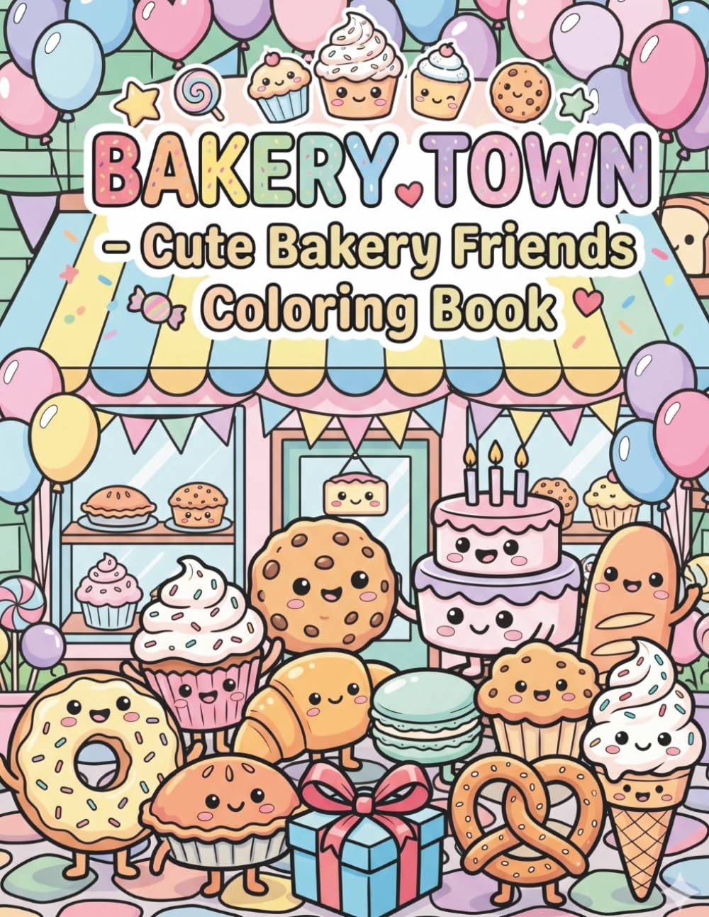 Bakery Town - Cute Bakery Friends Coloring Book: Cute Kawaii Sweet Treats, Cupcakes, Donuts, and Cookies Coloring Pages for Kids Ages 4-8