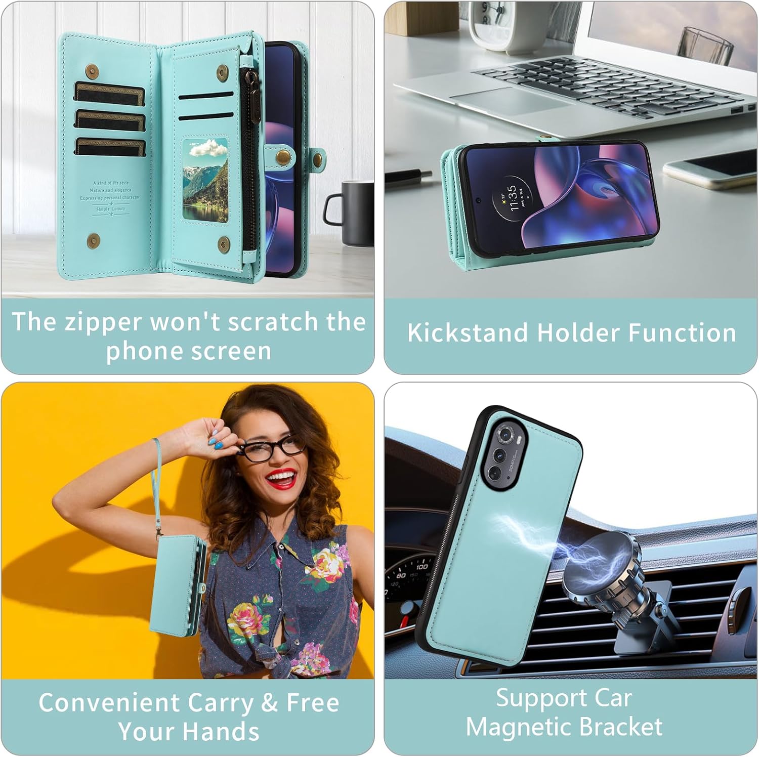 Phone Case for Motorola Moto Edge 2022/MotoEdge 5G UW 2022 Zipper Wallet Detachable Cover with Screen Protector Crossbody Lanyard Strap Flip Card Holder Slot Gen 3 XT2205-1 XT2205-2 6.6 Green