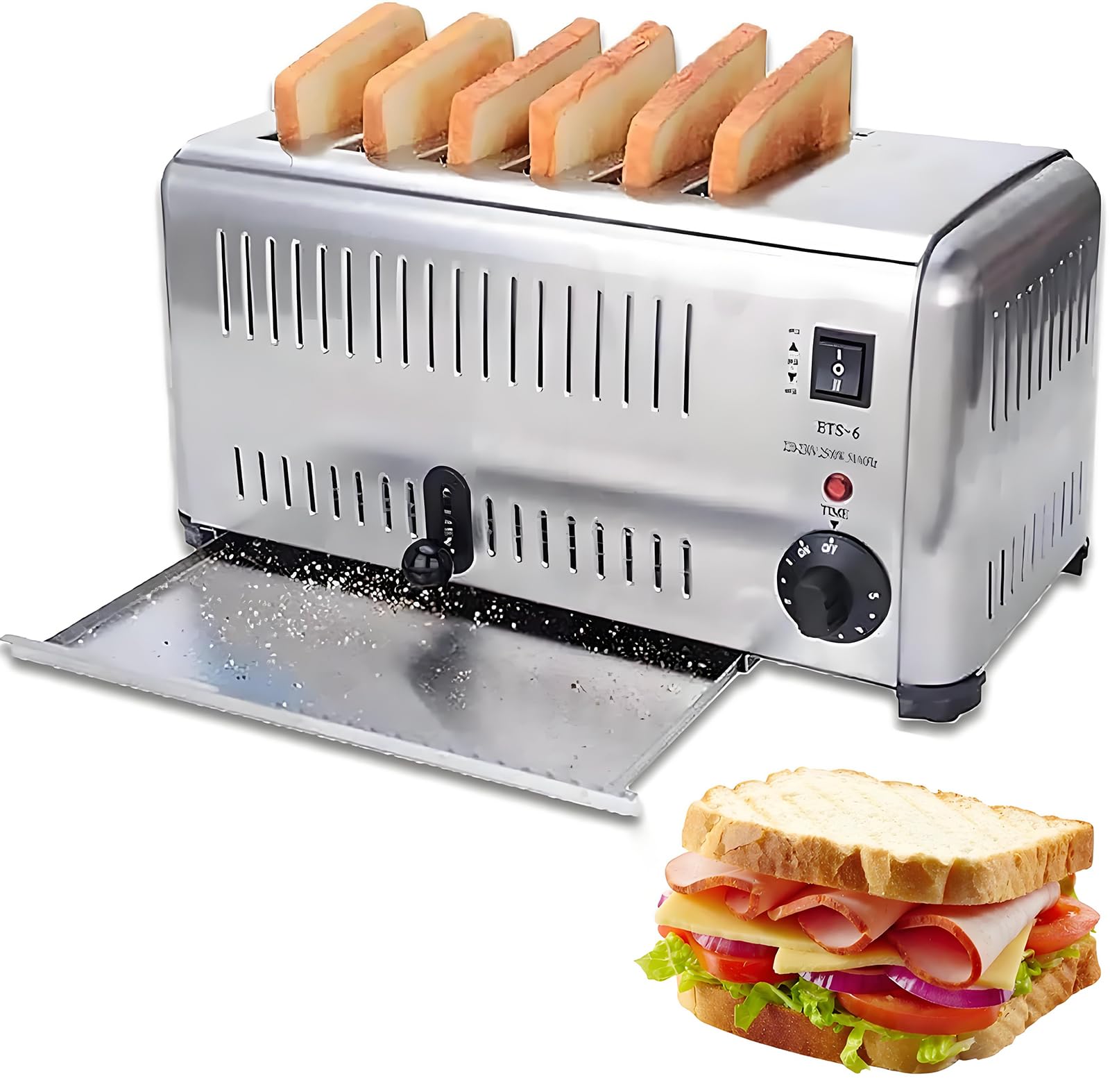Tostapane Commerciale A 6 Fette, Tostapane in Acciaio Inossidabile da 3240 W con 5 Livelli di Doratura E Vassoio di Briciole Rimovibile, Pop-up Automatico, Macchina da Forno di Pane per Casa