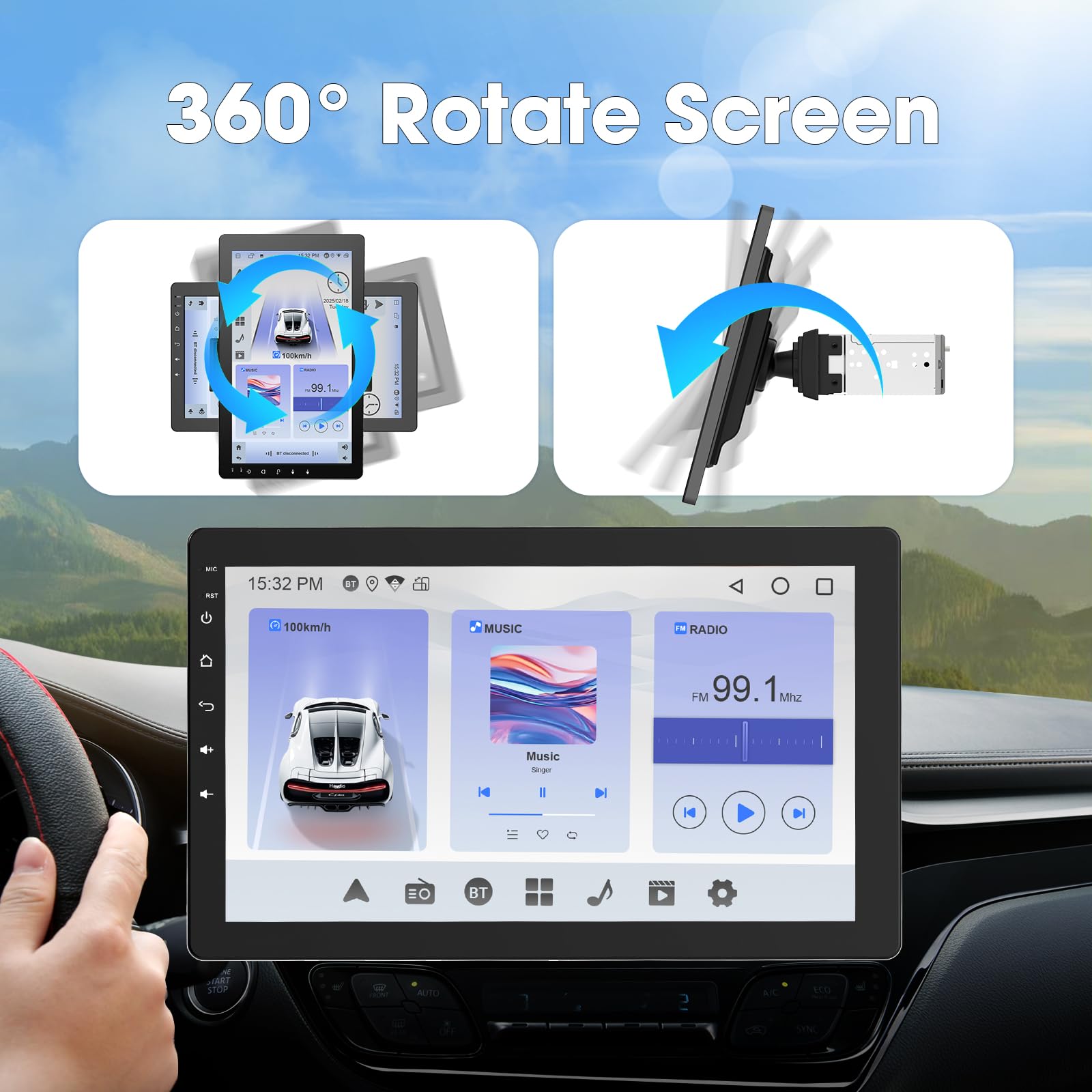 Autoradio 1 DIN Bluetooth con Wireless Carplay & Android Auto, 7 Pollici Touchscreen Radio con GPS/Mirror Link/Controllo Vocale/RDS/FM/AM Radio/USB/Telecamera Posteriore - Ruotabile 360°