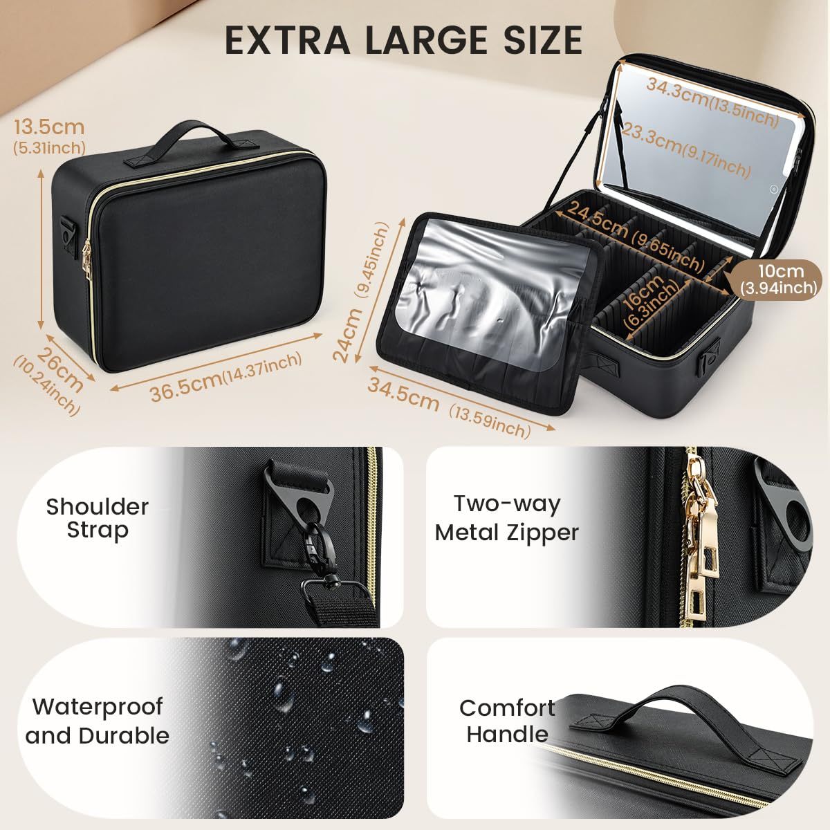 Kosmetiktasche Große Make up Tasche Schminkkoffer mit Beleuchtetem Spiegel-3 Farben LED Licht Schminktasche Damen Kosmetikkoffer Make up Koffer,Schwarz