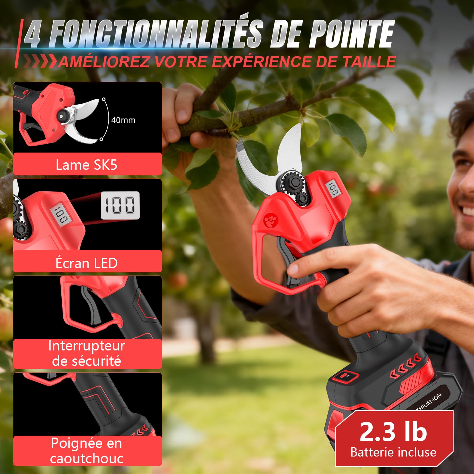 Tijeras de Podar Electricas, Tijeras de Podar 21V con Pantalla LCD y 2x2.0 Ah Baterías, Tijeras de Podar a Batería Ligeras 1.04 kg, Motor sin Escobillas, para Poda de Árboles, Setos y Ramas (40MM)