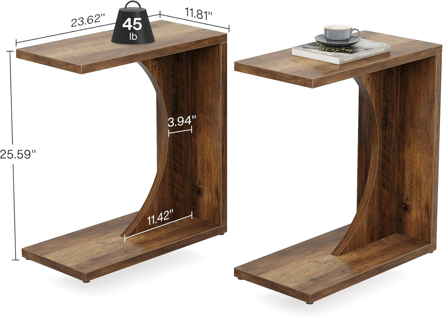Diagram showing dimensions of the C-shaped end table